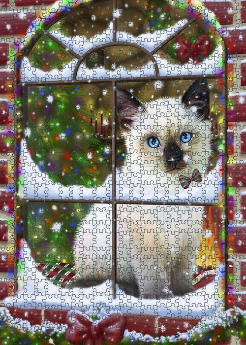 Please Come Home For Christmas Siamese Cat Sitting In Window Puzzle with Photo Tin PUZL81736