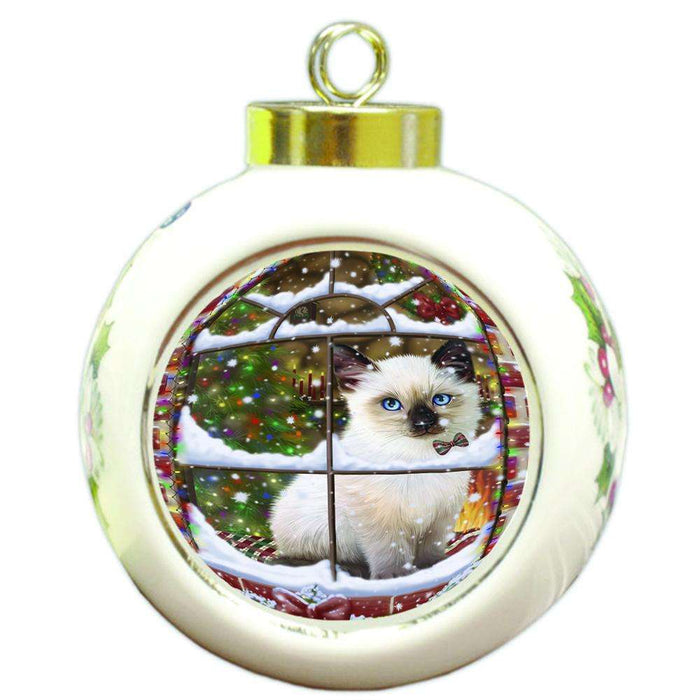 Please Come Home For Christmas Siamese Cat Sitting In Window Round Ball Christmas Ornament RBPOR53645