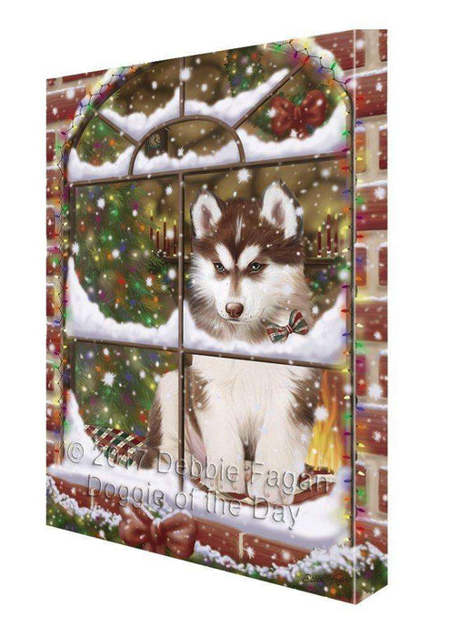 Please Come Home For Christmas Siberian Huskies Dog Sitting In Window Canvas Wall Art
