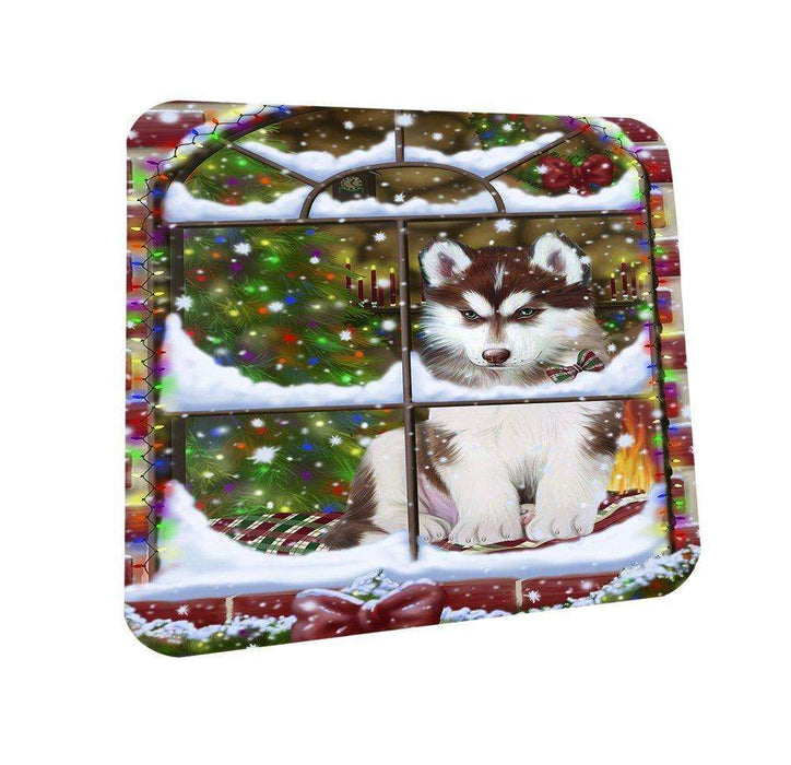 Please Come Home For Christmas Siberian Huskies Dog Sitting In Window Coasters Set of 4