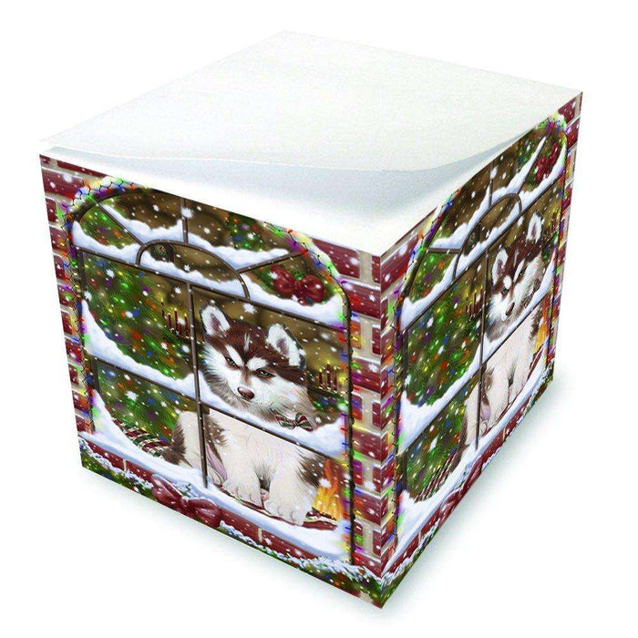 Please Come Home For Christmas Siberian Huskies Dog Sitting In Window Note Cube D458