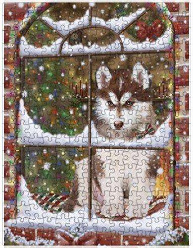 Please Come Home For Christmas Siberian Huskies Dog Sitting In Window Puzzle with Photo Tin