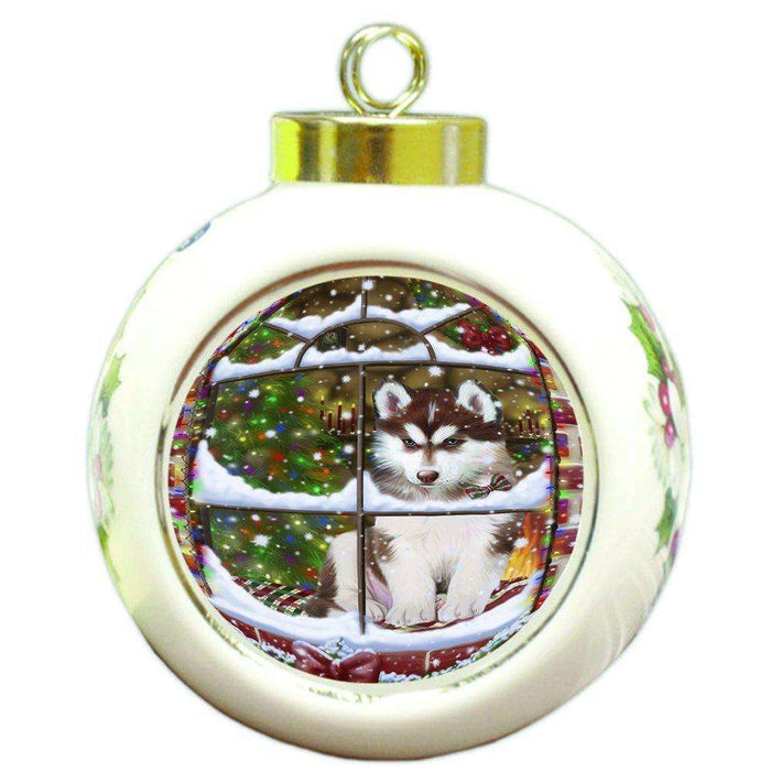 Please Come Home For Christmas Siberian Huskies Dog Sitting In Window Round Ball Ornament D404