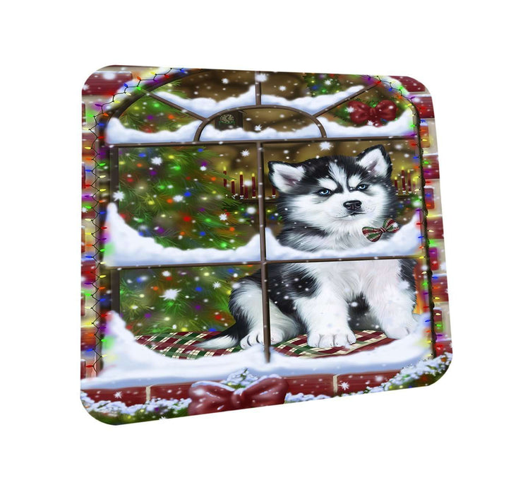 Please Come Home For Christmas Siberian Husky Dog Sitting In Window Coasters Set of 4 CST48390