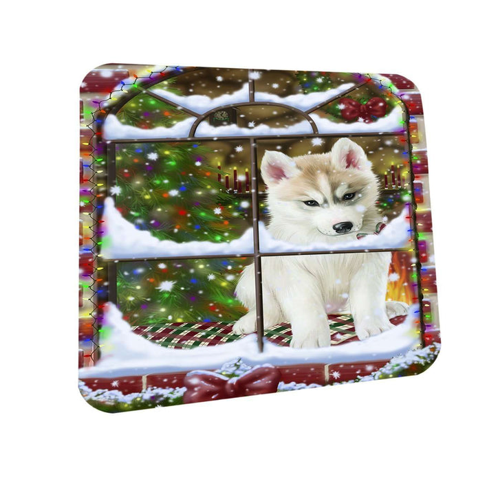 Please Come Home For Christmas Siberian Husky Dog Sitting In Window Coasters Set of 4 CST48391