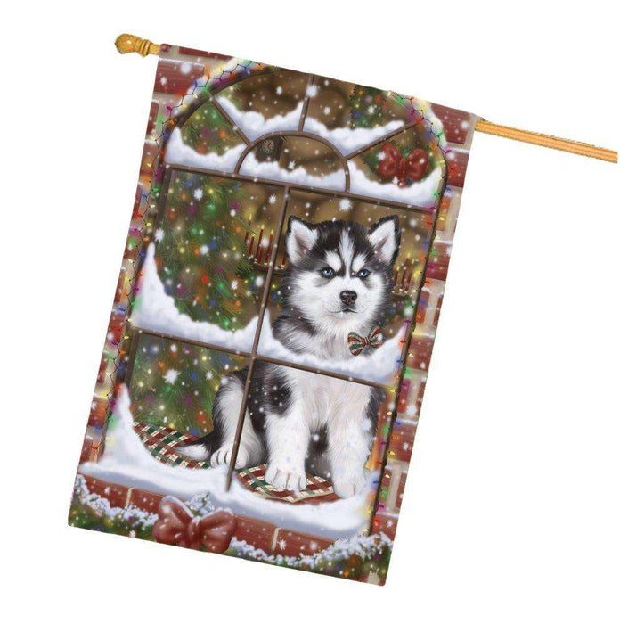 Please Come Home For Christmas Siberian Husky Dog Sitting In Window House Flag FLG48444