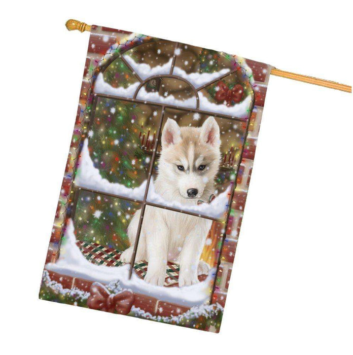 Please Come Home For Christmas Siberian Husky Dog Sitting In Window House Flag FLG48445