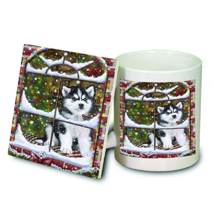 Please Come Home For Christmas Siberian Husky Dog Sitting In Window Mug and Coaster Set MUC48423