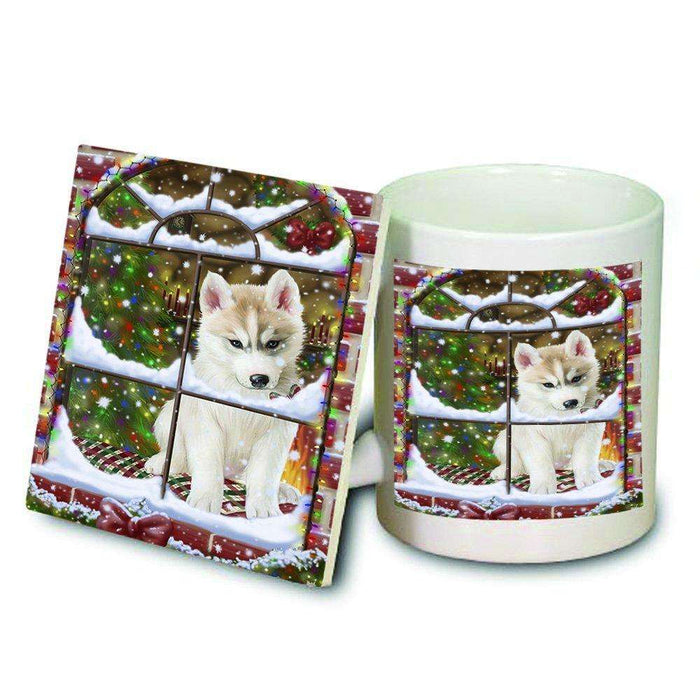 Please Come Home For Christmas Siberian Husky Dog Sitting In Window Mug and Coaster Set MUC48424