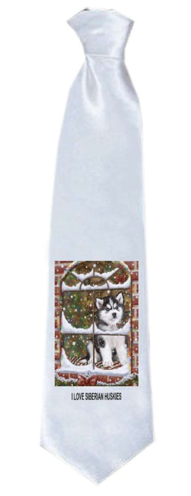 Please Come Home For Christmas Siberian Husky Dog Sitting In Window Neck Tie TIE48256