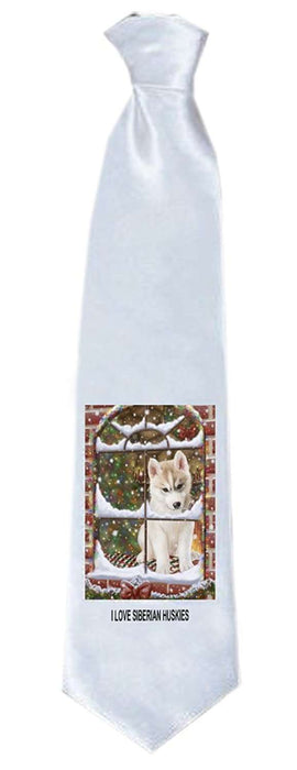 Please Come Home For Christmas Siberian Husky Dog Sitting In Window Neck Tie TIE48257