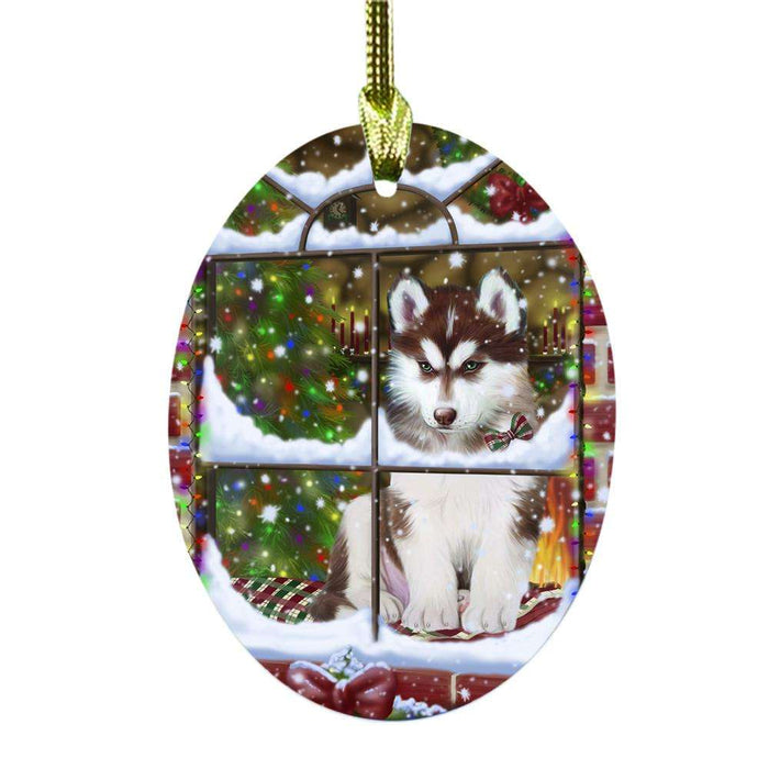Please Come Home For Christmas Siberian Husky Dog Sitting In Window Oval Glass Christmas Ornament OGOR49210