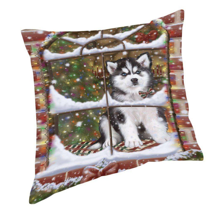 Please Come Home For Christmas Siberian Husky Dog Sitting In Window Pillow PIL49776