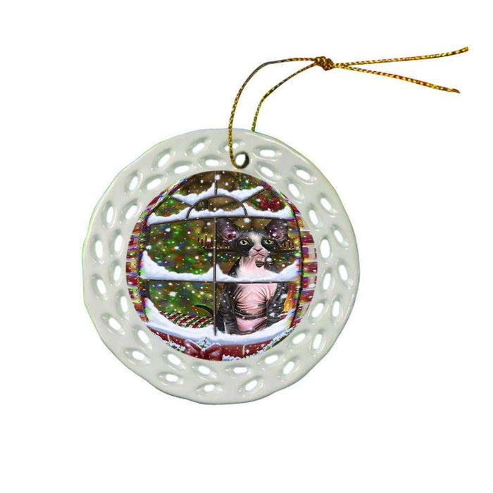 Please Come Home For Christmas Sphynx Cat Sitting In Window Ceramic Doily Ornament DPOR53646