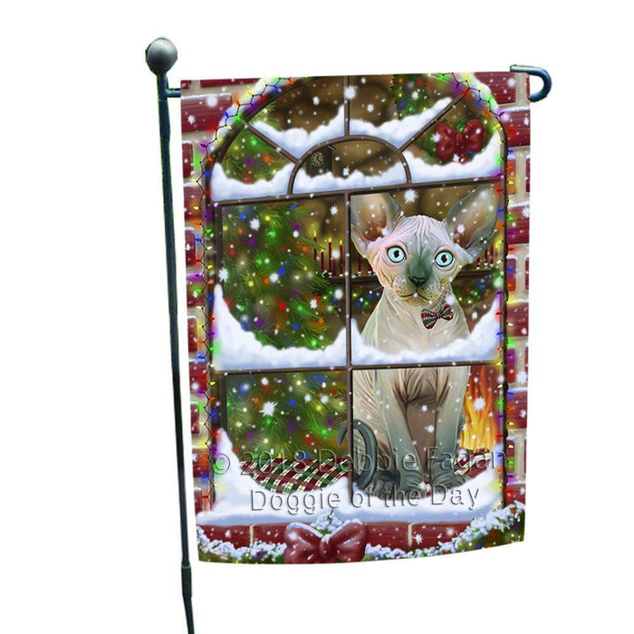 Please Come Home For Christmas Sphynx Cat Sitting In Window Garden Flag GFLG53711