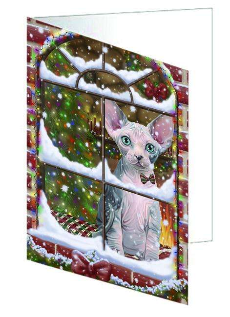 Please Come Home For Christmas Sphynx Cat Sitting In Window Handmade Artwork Assorted Pets Greeting Cards and Note Cards with Envelopes for All Occasions and Holiday Seasons GCD64973