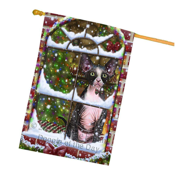 Please Come Home For Christmas Sphynx Cat Sitting In Window House Flag FLG53844