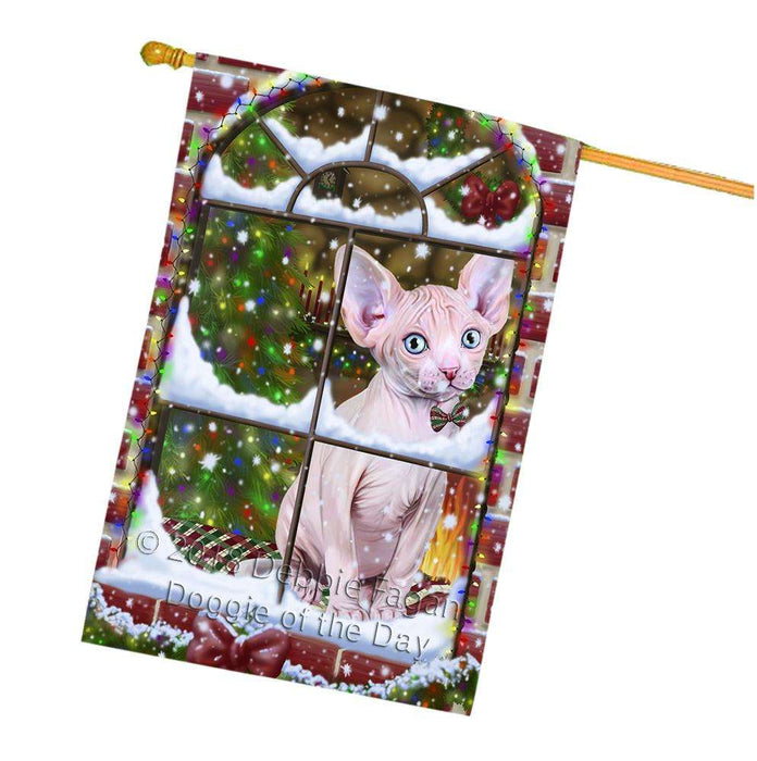 Please Come Home For Christmas Sphynx Cat Sitting In Window House Flag FLG53845