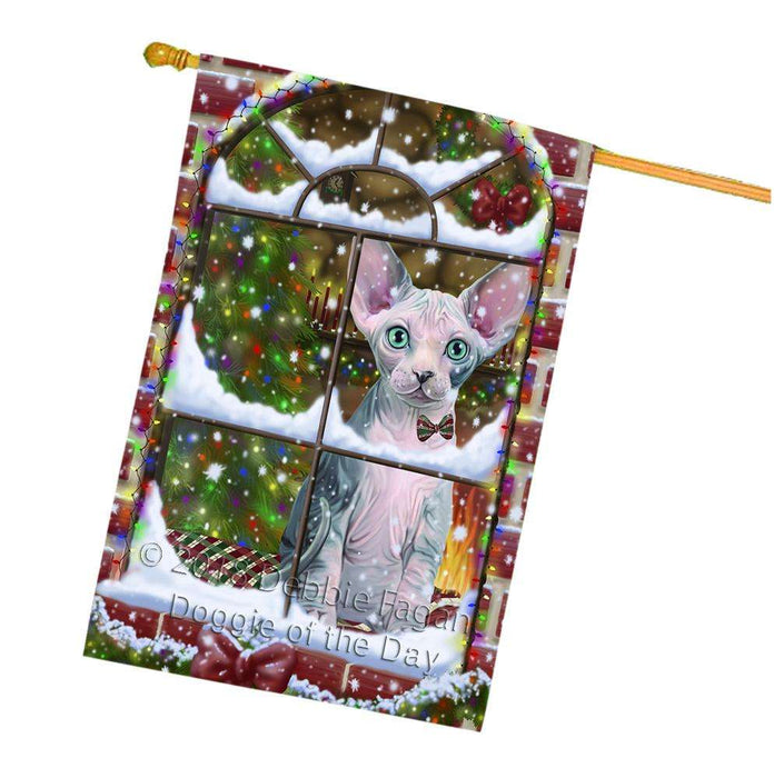 Please Come Home For Christmas Sphynx Cat Sitting In Window House Flag FLG53846