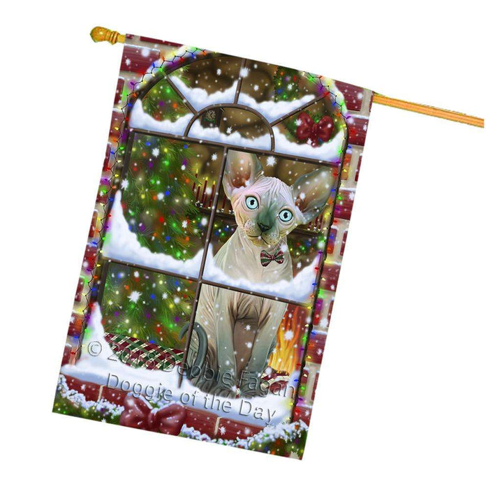 Please Come Home For Christmas Sphynx Cat Sitting In Window House Flag FLG53847