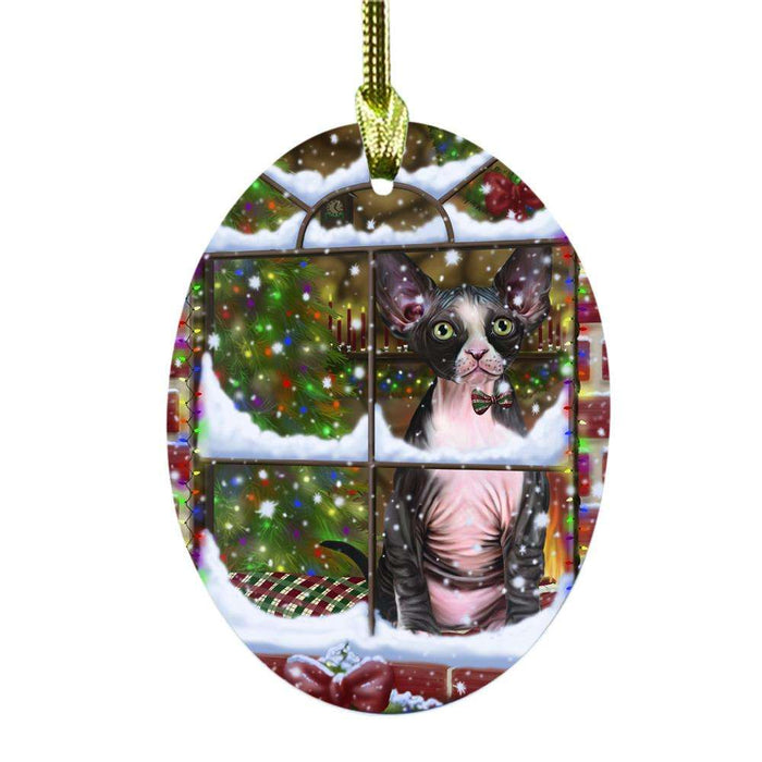 Please Come Home For Christmas Sphynx Cat Sitting In Window Oval Glass Christmas Ornament OGOR49211