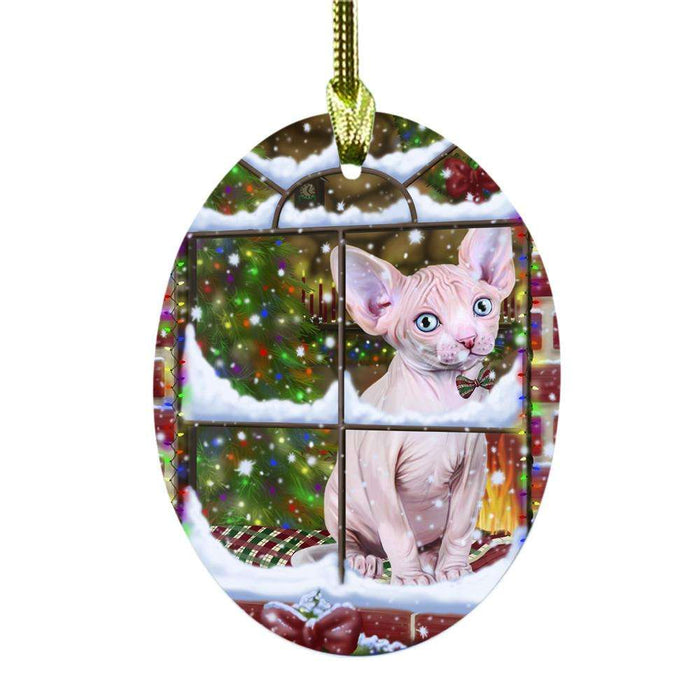 Please Come Home For Christmas Sphynx Cat Sitting In Window Oval Glass Christmas Ornament OGOR49212