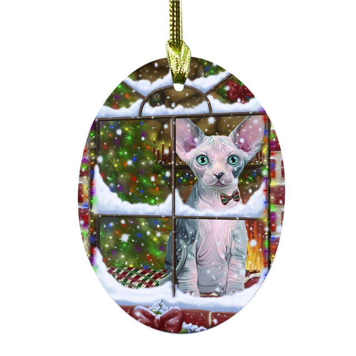 Please Come Home For Christmas Sphynx Cat Sitting In Window Oval Glass Christmas Ornament OGOR49213