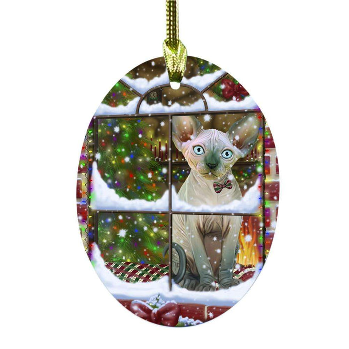 Please Come Home For Christmas Sphynx Cat Sitting In Window Oval Glass Christmas Ornament OGOR49214