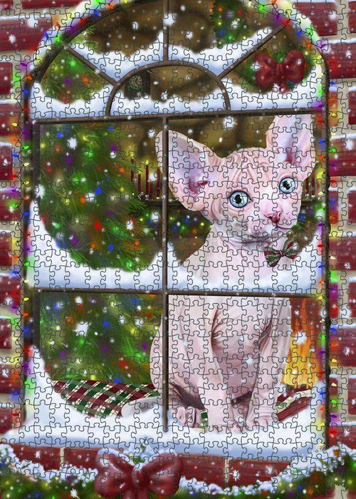 Please Come Home For Christmas Sphynx Cat Sitting In Window Puzzle with Photo Tin PUZL81744