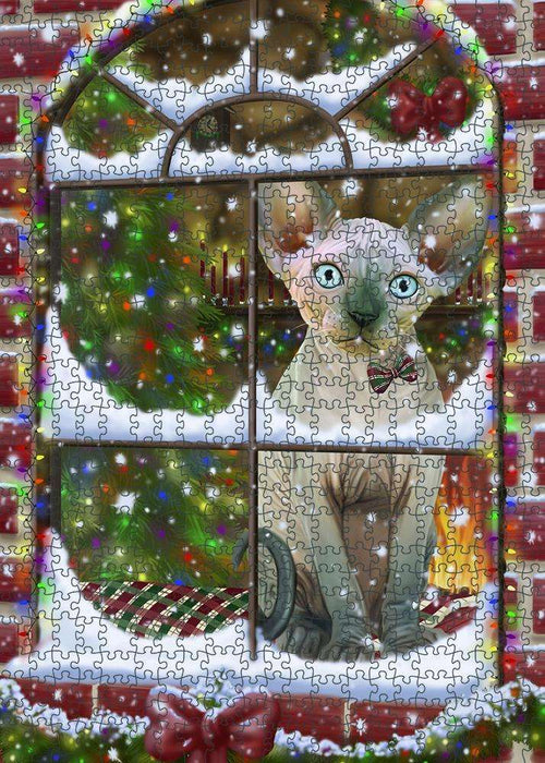Please Come Home For Christmas Sphynx Cat Sitting In Window Puzzle with Photo Tin PUZL81752
