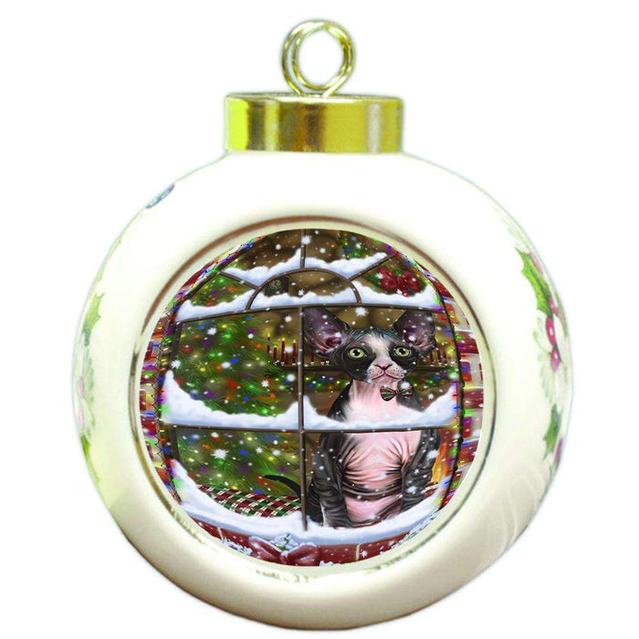 Please Come Home For Christmas Sphynx Cat Sitting In Window Round Ball Christmas Ornament RBPOR53646