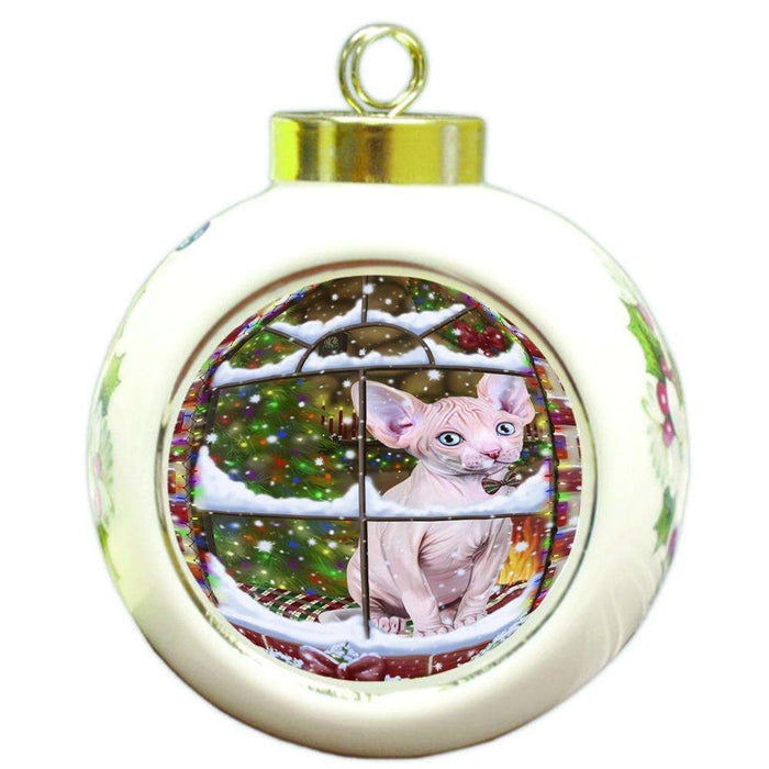 Please Come Home For Christmas Sphynx Cat Sitting In Window Round Ball Christmas Ornament RBPOR53647