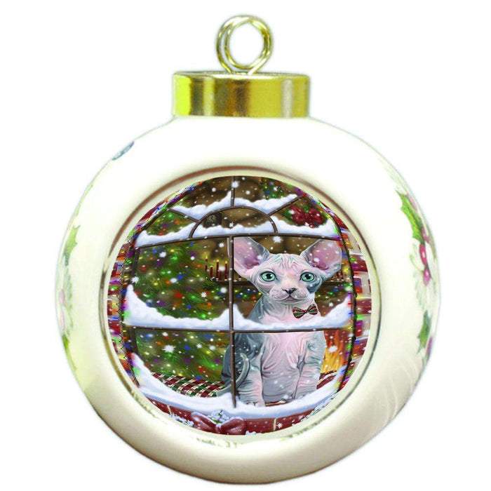 Please Come Home For Christmas Sphynx Cat Sitting In Window Round Ball Christmas Ornament RBPOR53648