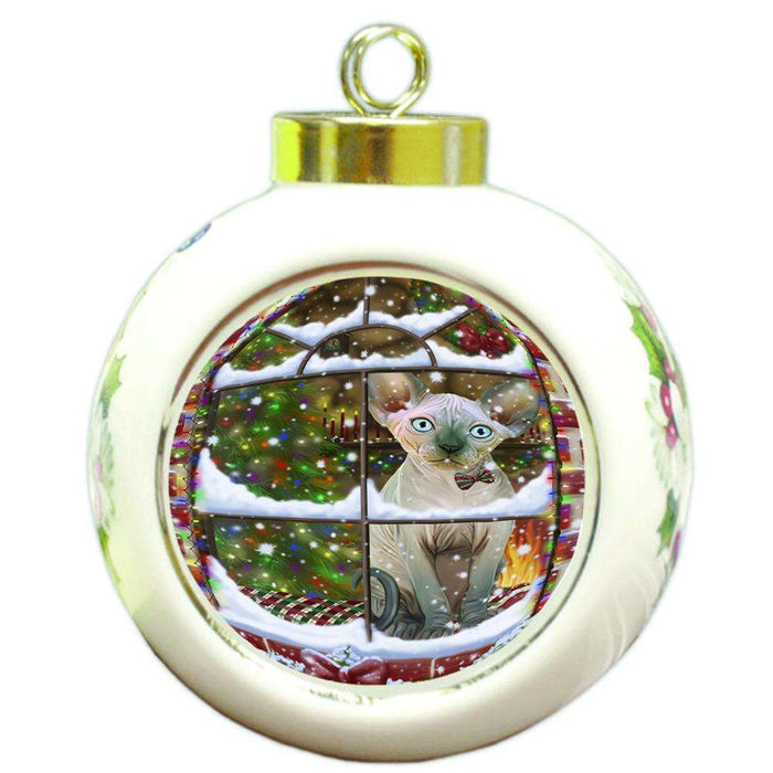 Please Come Home For Christmas Sphynx Cat Sitting In Window Round Ball Christmas Ornament RBPOR53649