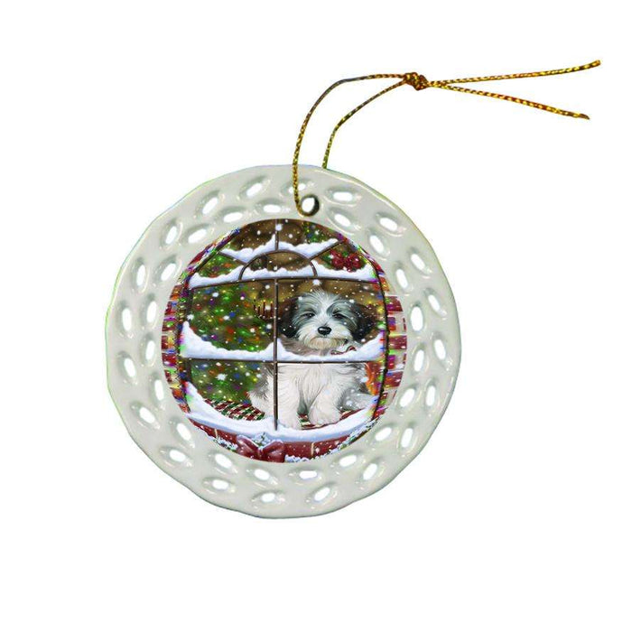Please Come Home For Christmas Tibetan Terrier Dog Sitting In Window Ceramic Doily Ornament DPOR53951