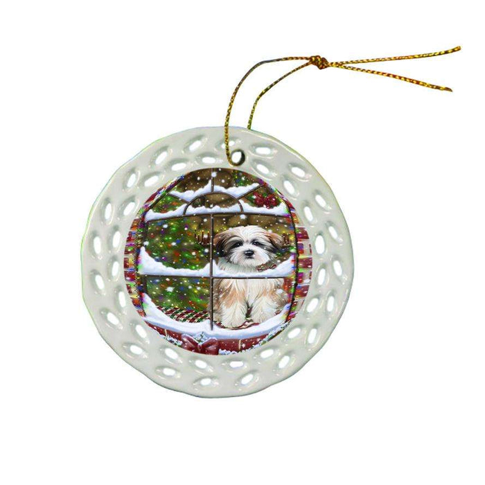 Please Come Home For Christmas Tibetan Terrier Dog Sitting In Window Ceramic Doily Ornament DPOR53952