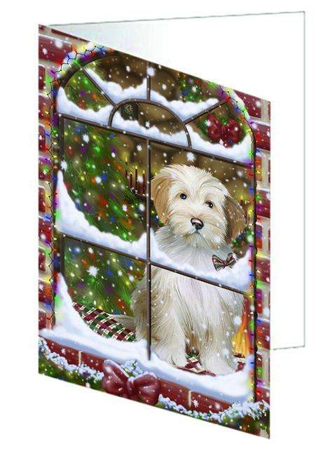 Please Come Home For Christmas Tibetan Terrier Dog Sitting In Window Handmade Artwork Assorted Pets Greeting Cards and Note Cards with Envelopes for All Occasions and Holiday Seasons GCD65879
