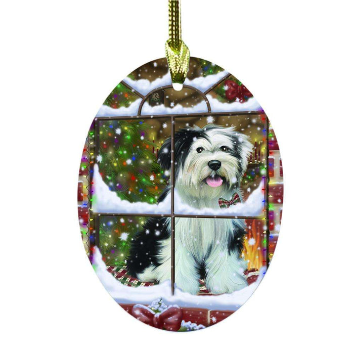 Please Come Home For Christmas Tibetan Terrier Dog Sitting In Window Oval Glass Christmas Ornament OGOR49215