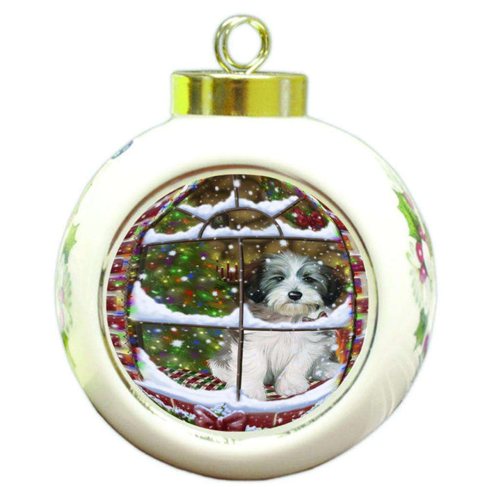 Please Come Home For Christmas Tibetan Terrier Dog Sitting In Window Round Ball Christmas Ornament RBPOR53951