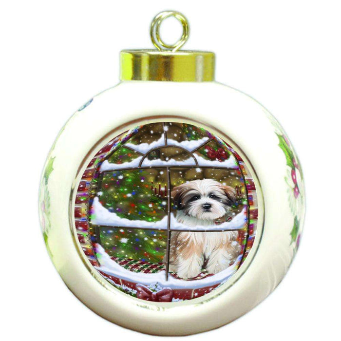 Please Come Home For Christmas Tibetan Terrier Dog Sitting In Window Round Ball Christmas Ornament RBPOR53952