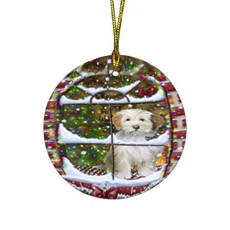 Please Come Home For Christmas Tibetan Terrier Dog Sitting In Window Round Flat Christmas Ornament RFPOR53941