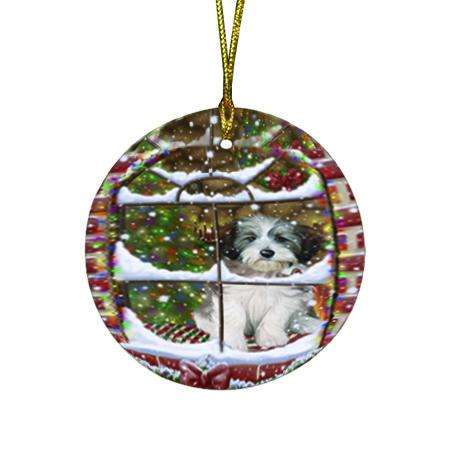 Please Come Home For Christmas Tibetan Terrier Dog Sitting In Window Round Flat Christmas Ornament RFPOR53942