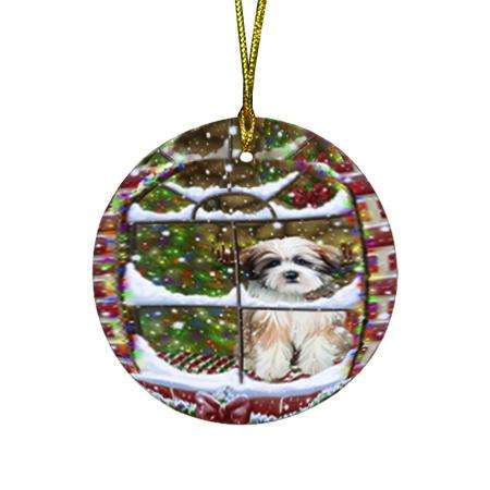 Please Come Home For Christmas Tibetan Terrier Dog Sitting In Window Round Flat Christmas Ornament RFPOR53943