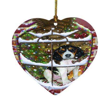 Please Come Home For Christmas Treeing Walker Coonhound Dog Sitting In Window Heart Ornament D381