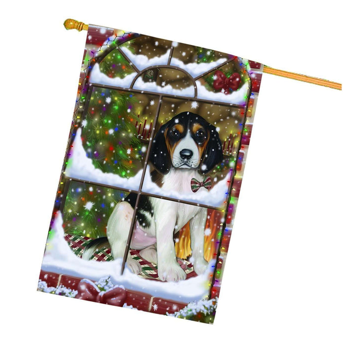 Please Come Home For Christmas Treeing Walker Coonhound Dog Sitting In Window House Flag