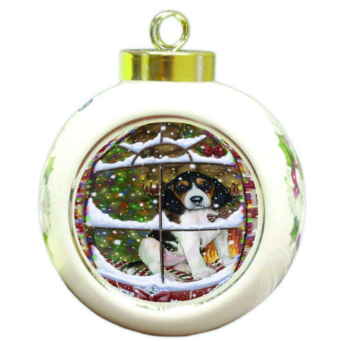 Please Come Home For Christmas Treeing Walker Coonhound Dog Sitting In Window Round Ball Ornament D409