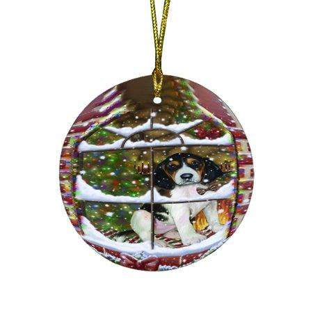 Please Come Home For Christmas Treeing Walker Coonhound Dog Sitting In Window Round Ornament D381