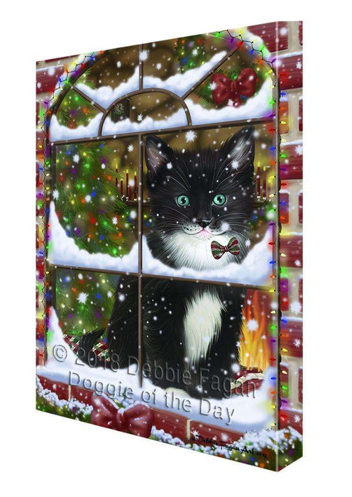 Please Come Home For Christmas Tuxedo Cat Sitting In Window Canvas Print Wall Art Décor CVS100700