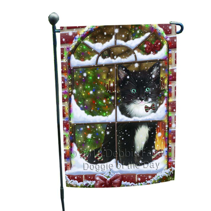 Please Come Home For Christmas Tuxedo Cat Sitting In Window Garden Flag GFLG53712