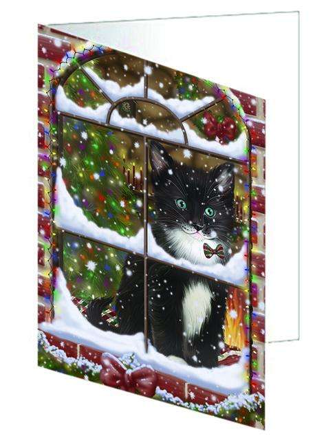 Please Come Home For Christmas Tuxedo Cat Sitting In Window Handmade Artwork Assorted Pets Greeting Cards and Note Cards with Envelopes for All Occasions and Holiday Seasons GCD64979